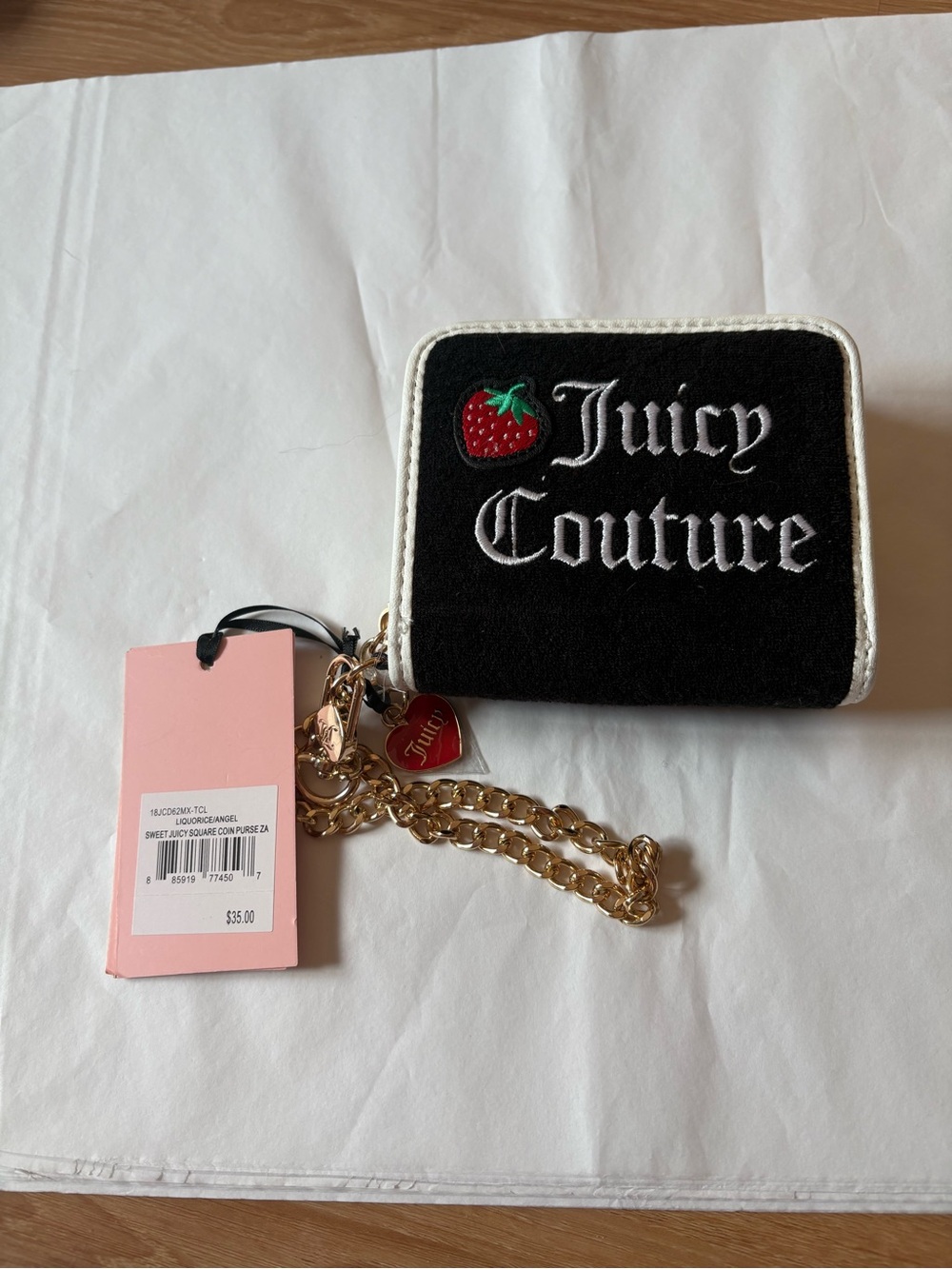 New Juicy Couture Black Zip Wallet with Strawberry Patch and Gold Chain